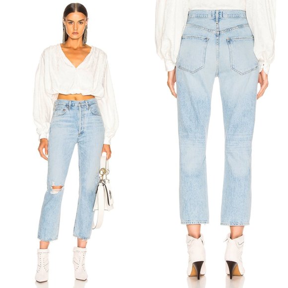 Agolde Denim - AGOLDE Riley High Rise Straight Crop Jeans Shatter Light Blue Raw Hem